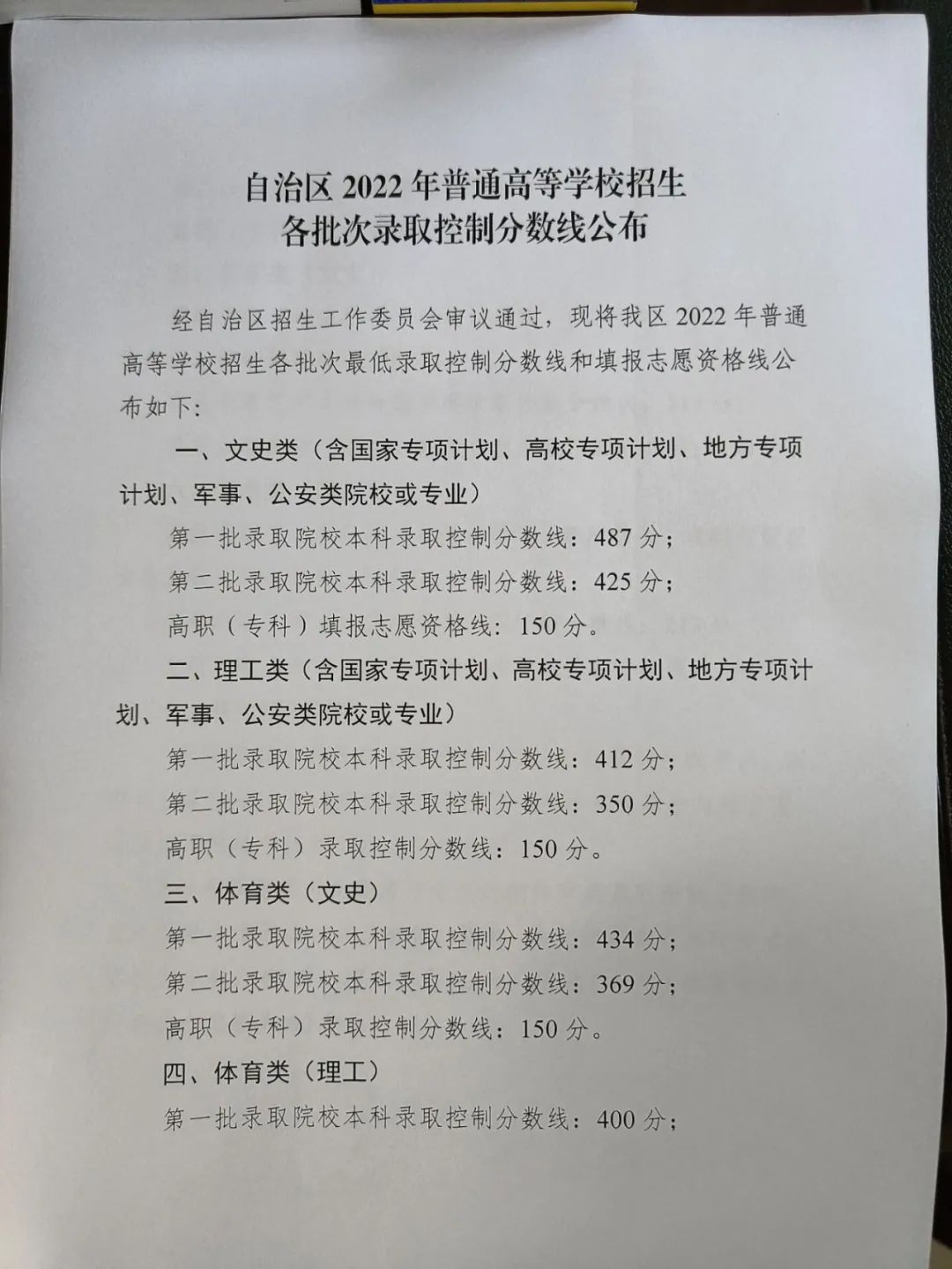 2022年宁夏高考分数线官方公布