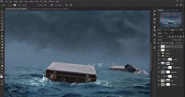 ps合成一幅在风浪中坐着皮箱漂流的奇幻场景(10)