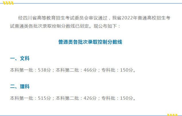 四川高考录取分数线（2022年）