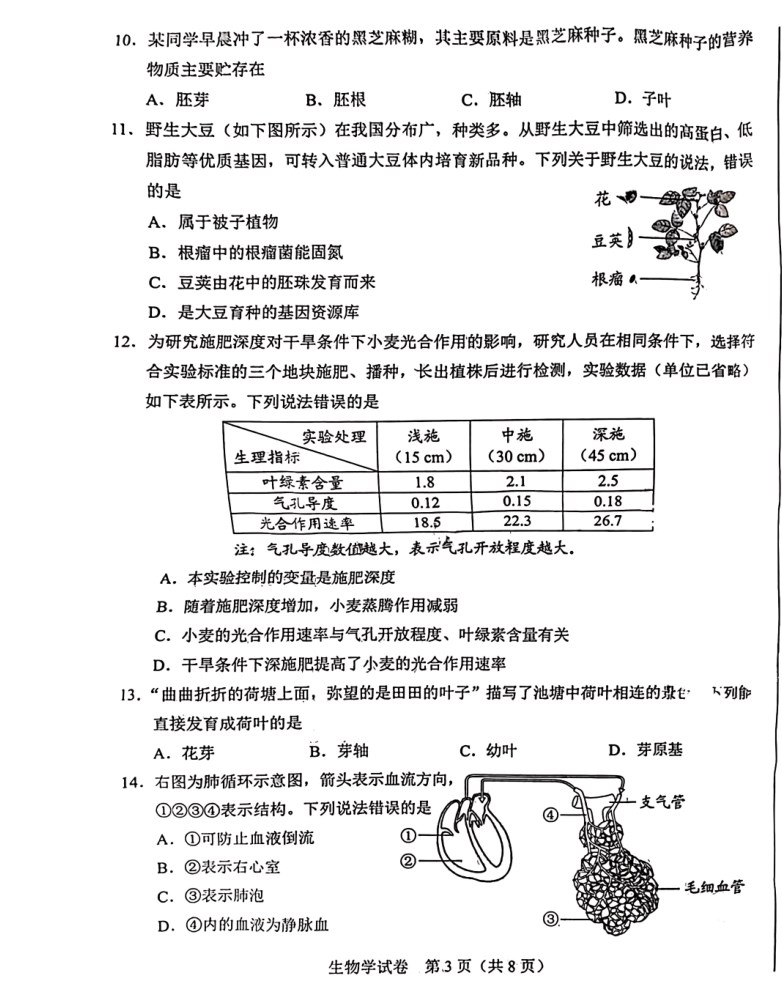 2024年河北中考生物真题试题